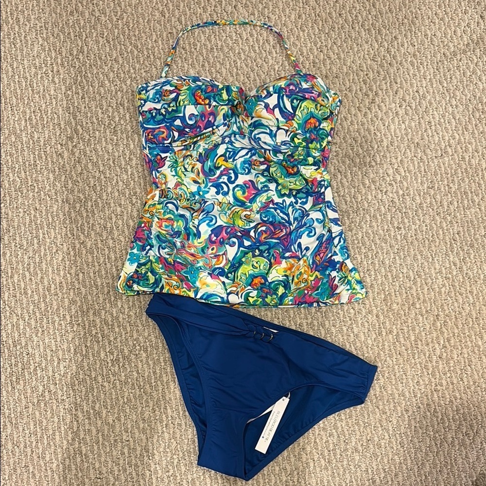 Blue Bikini Set with Floral Halter Top